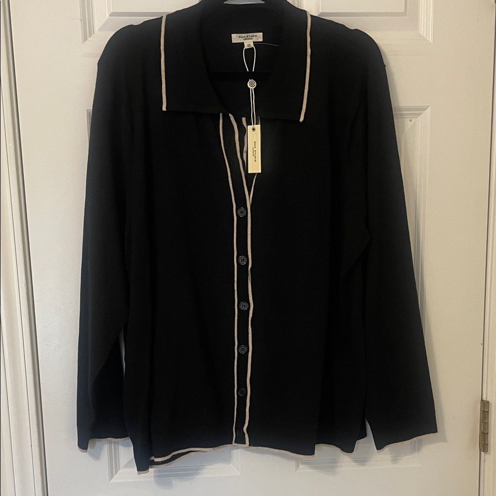 Max Studio Black Button-Up Top with Cream Trim